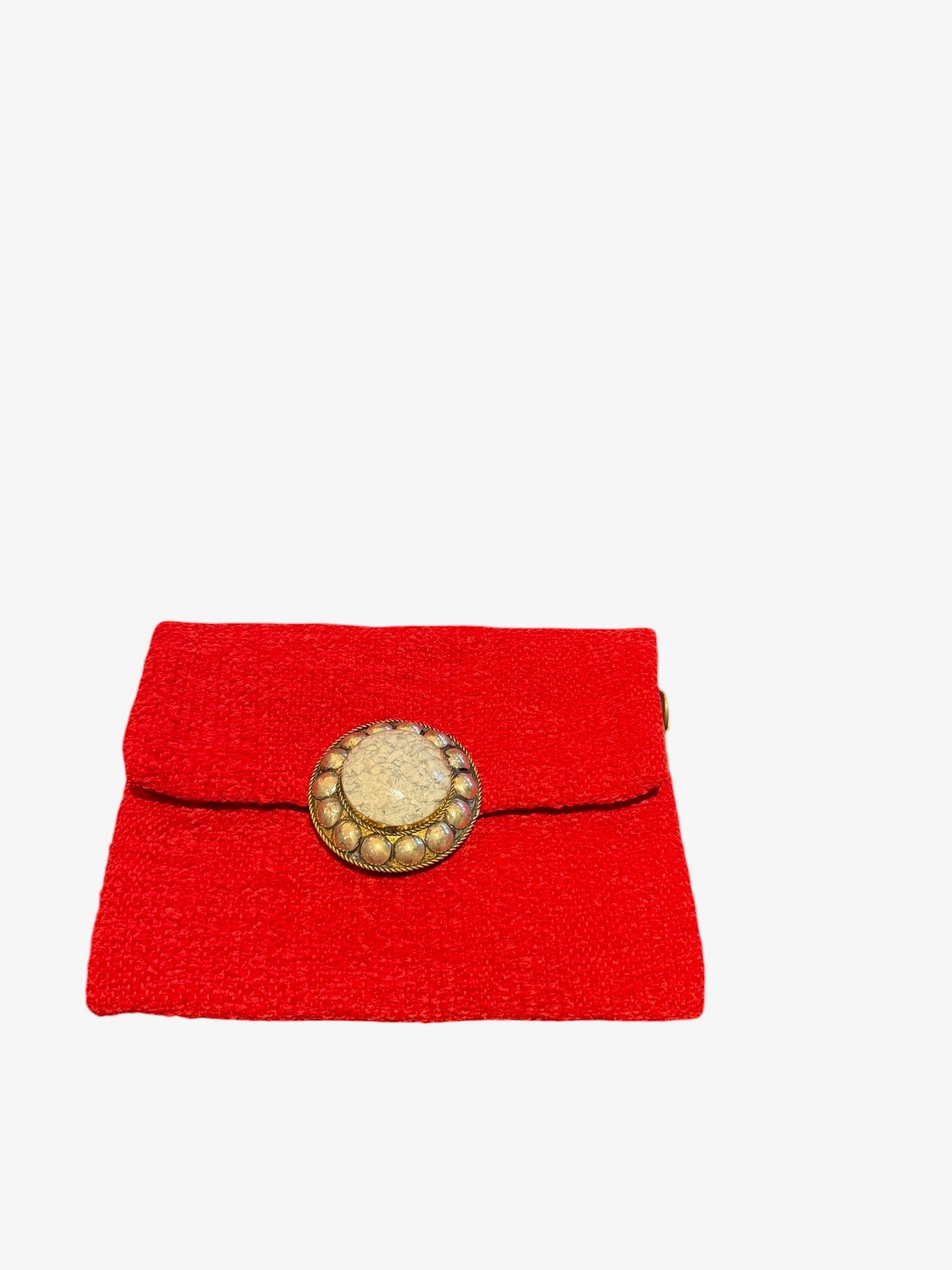 Velour Crossbody Bag with Stone Medallion - Red