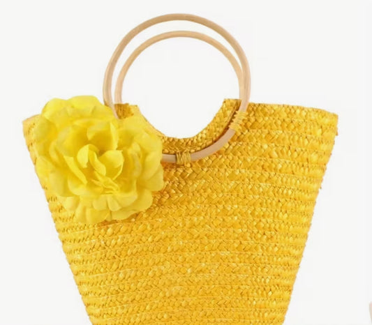 Yellow Floral Straw Beach Tote