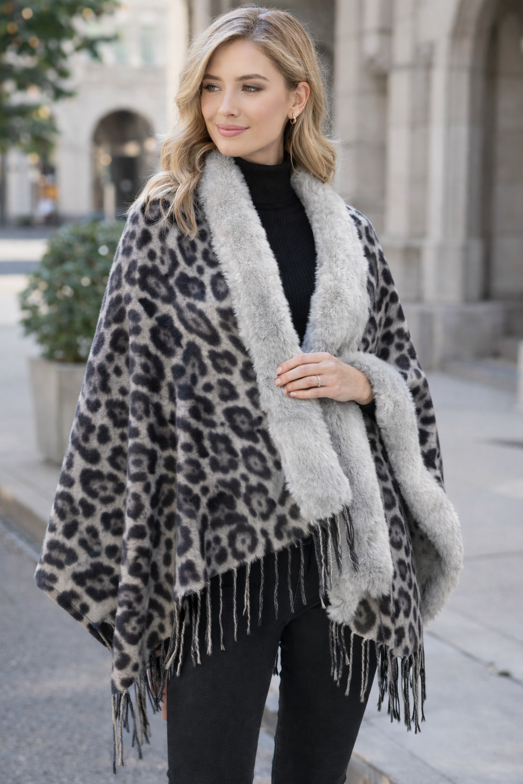 Aelina Fur-Trim Wool Shawl