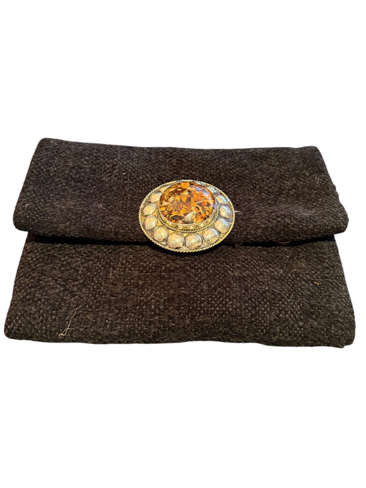 Velour Crossbody Bag with Stone Medallion - Black