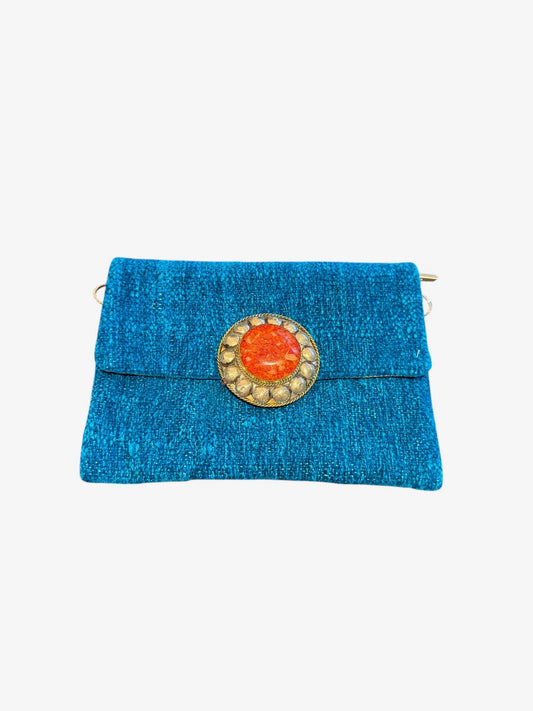 Velour Crossbody Bag with Stone Medallion - Aqua Blue