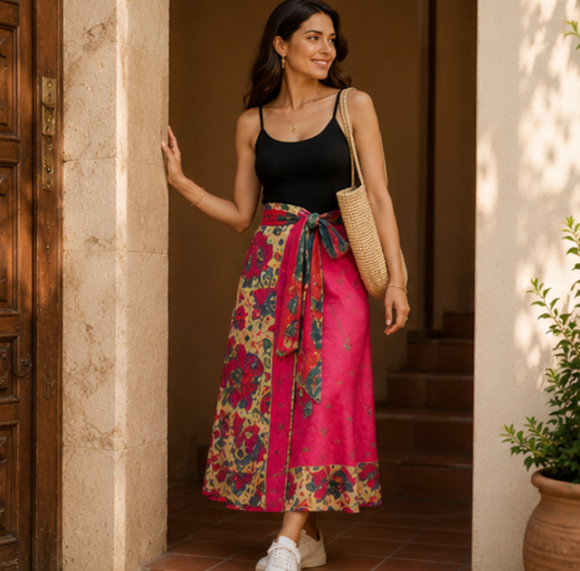 Mehra Reversible Silk Wrap Skirt